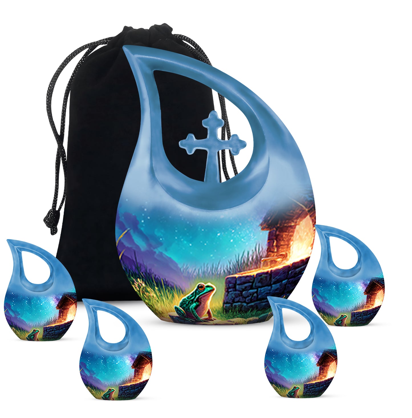 Royal Blue Frog Cremation Urn urn with complimentary velvet bag - devotional cross-drop frog engraving - memorial set with one large and four small urns