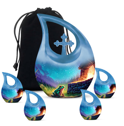 Royal Blue Frog Cremation Urn urn with complimentary velvet bag - devotional cross-drop frog engraving - memorial set with one large and four small urns