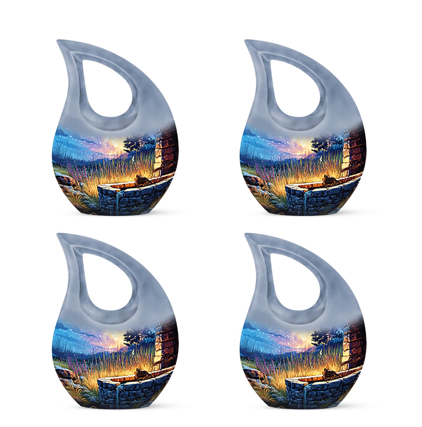 Misty Blue Frog Cremation Urn lifestyle display on memorial shelf - cross and frog combined in spiritual memorial design - 10 inch aluminum urn for cremated remains