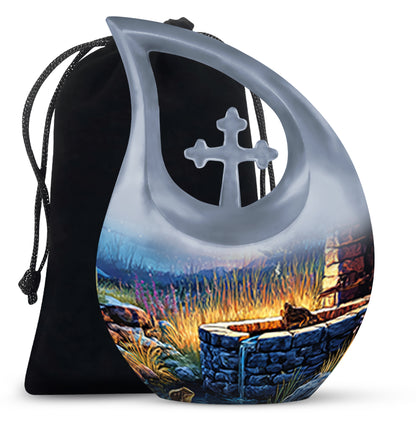 Dusty Blue Frog Cremation Urn top-down view of secure threaded lid - cross and frog combined in spiritual memorial design - full-size 10 inch 200 cubic inch adult cremation urn