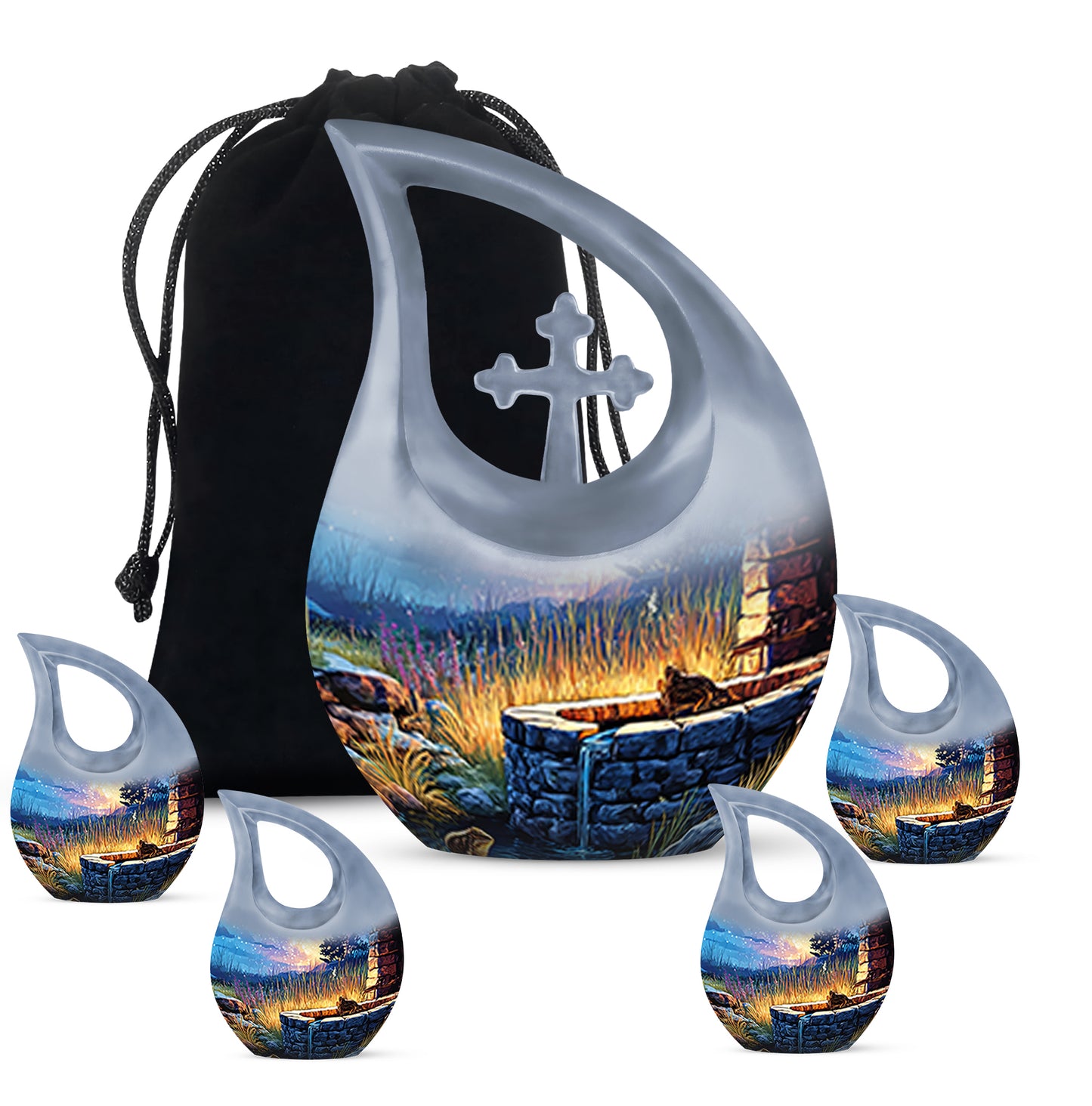 Bright Blue Frog Cremation Urn urn with complimentary velvet bag - faith-inspired cross-drop urn with frog pattern - memorial set with one large and four small urns