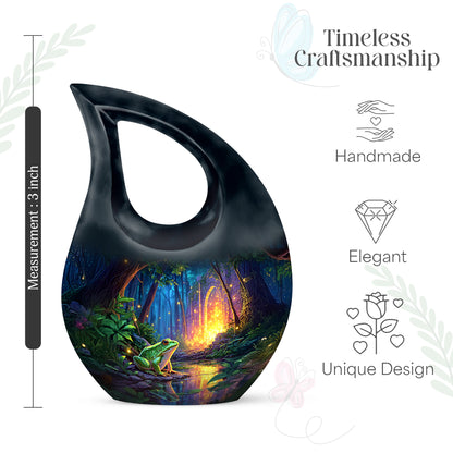 Azure Frog Cremation Urn back view with polished surface - sacred cross merged with frog motif on metal - mini keepsake memorial for portion of cremation ashes