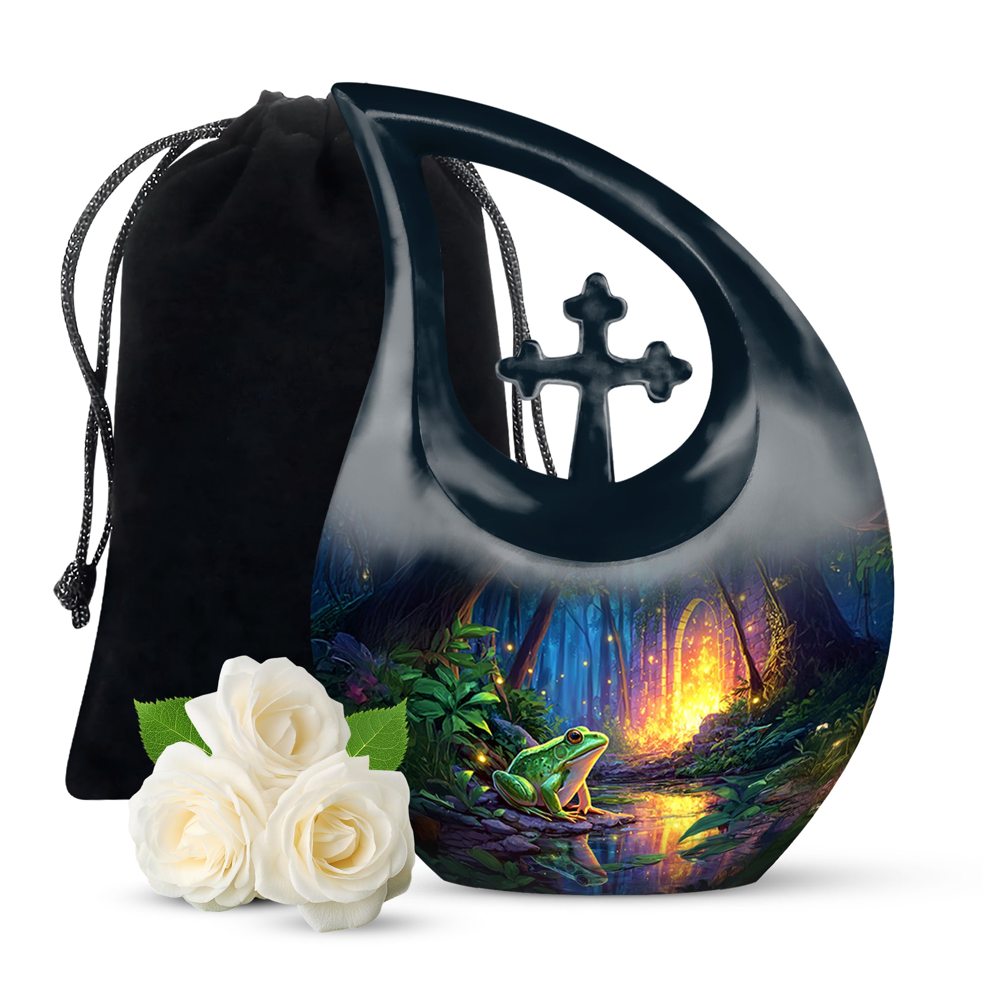 Cornflower Blue Frog Cremation Urn top-down view of secure threaded lid - devotional cross-drop frog engraving - full-size 10 inch 200 cubic inch adult cremation urn