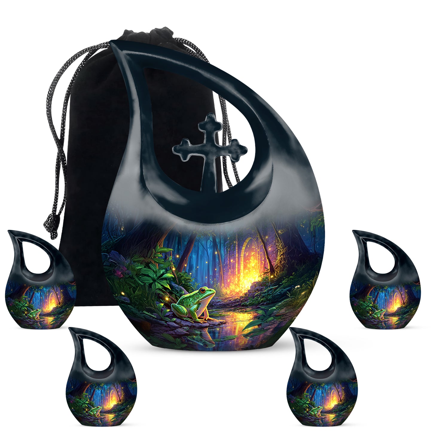 Powder Blue Frog Cremation Urn urn with complimentary velvet bag - cross and frog combined in spiritual memorial design - memorial set with one large and four small urns