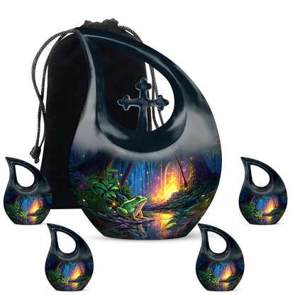 Powder Blue Frog Cremation Urn urn with complimentary velvet bag - cross and frog combined in spiritual memorial design - memorial set with one large and four small urns