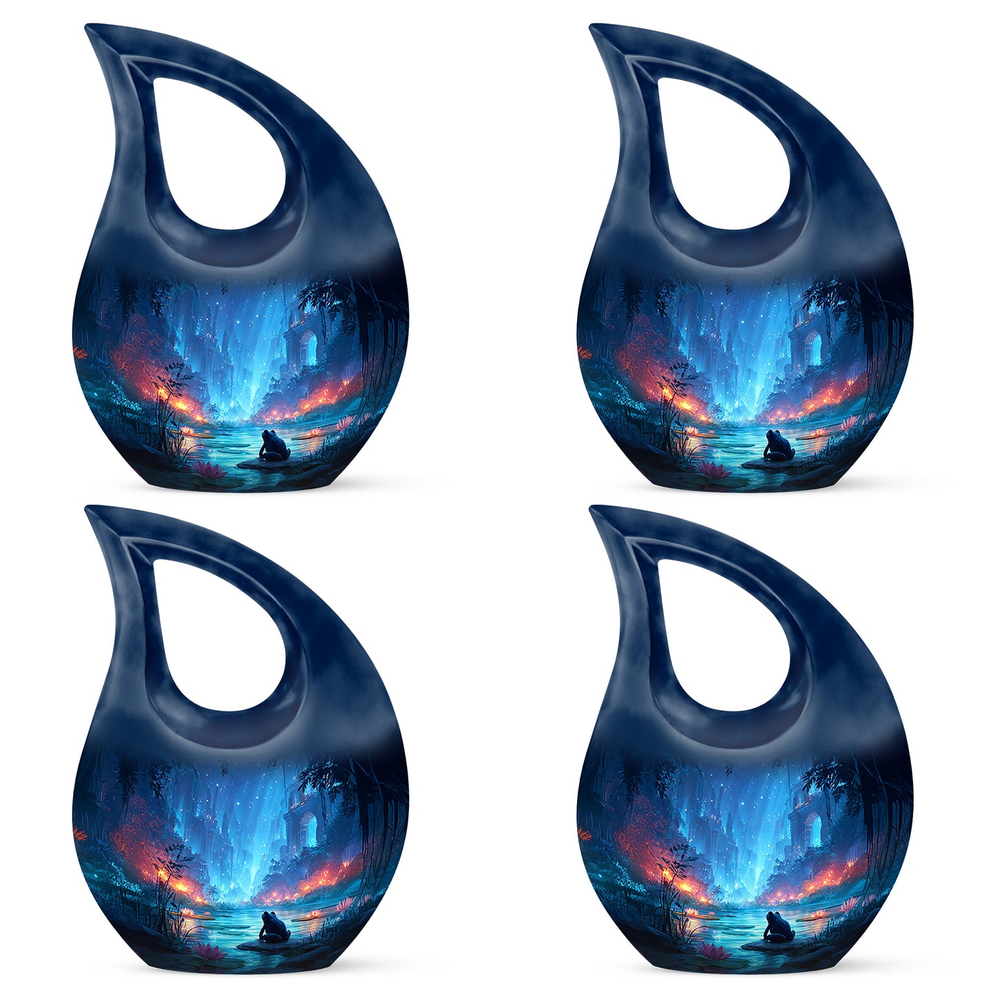 Sapphire Blue Frog Cremation Urn lifestyle display on memorial shelf - faith-inspired cross-drop urn with frog pattern - 10 inch aluminum urn for cremated remains