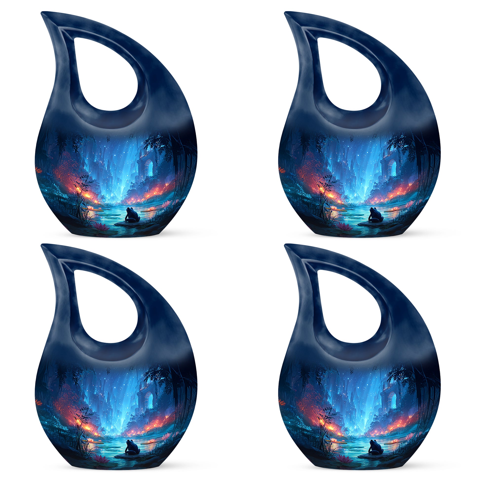 Sapphire Blue Frog Cremation Urn lifestyle display on memorial shelf - faith-inspired cross-drop urn with frog pattern - 10 inch aluminum urn for cremated remains