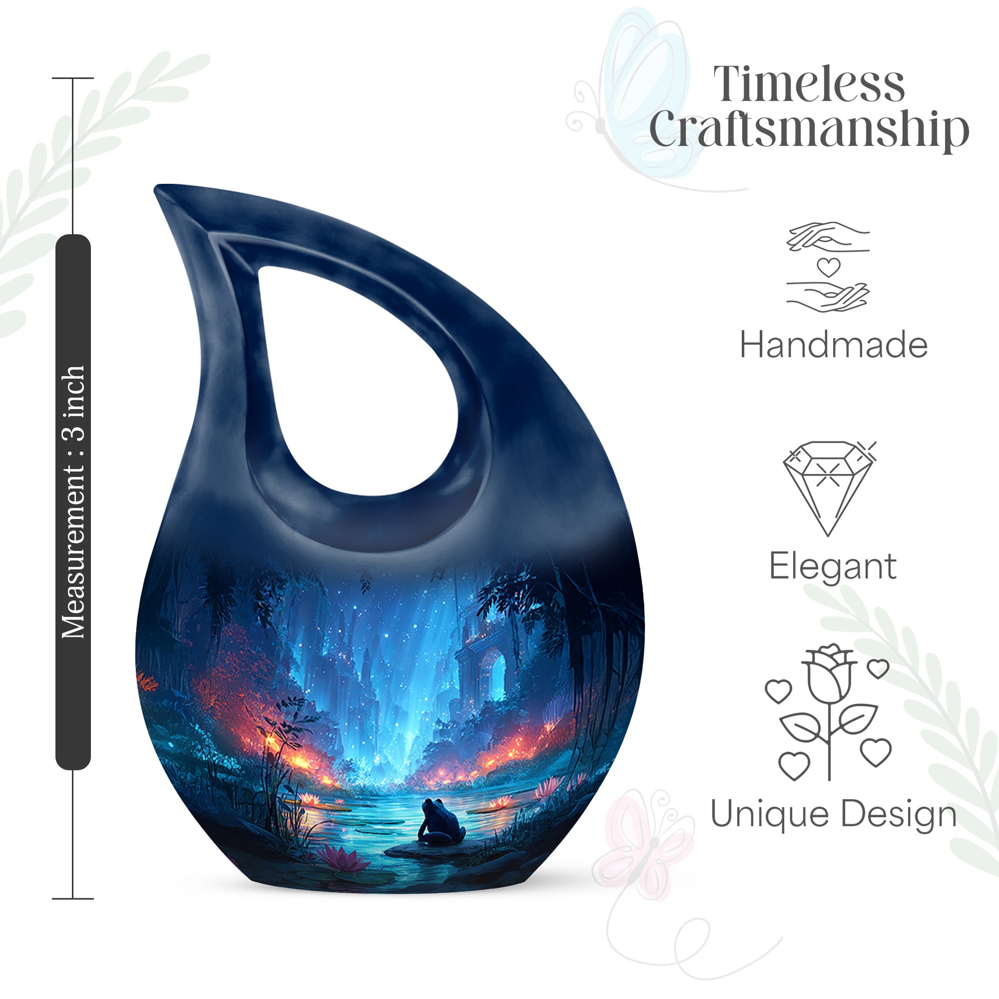 Azure Frog Cremation Urn back view with polished surface - cross and frog combined in spiritual memorial design - mini keepsake memorial for portion of cremation ashes