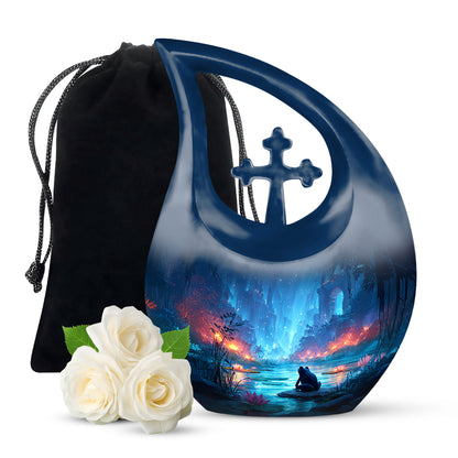 Steel Blue Frog Cremation Urn top-down view of secure threaded lid - faith-inspired cross-drop urn with frog pattern - full-size 10 inch 200 cubic inch adult cremation urn