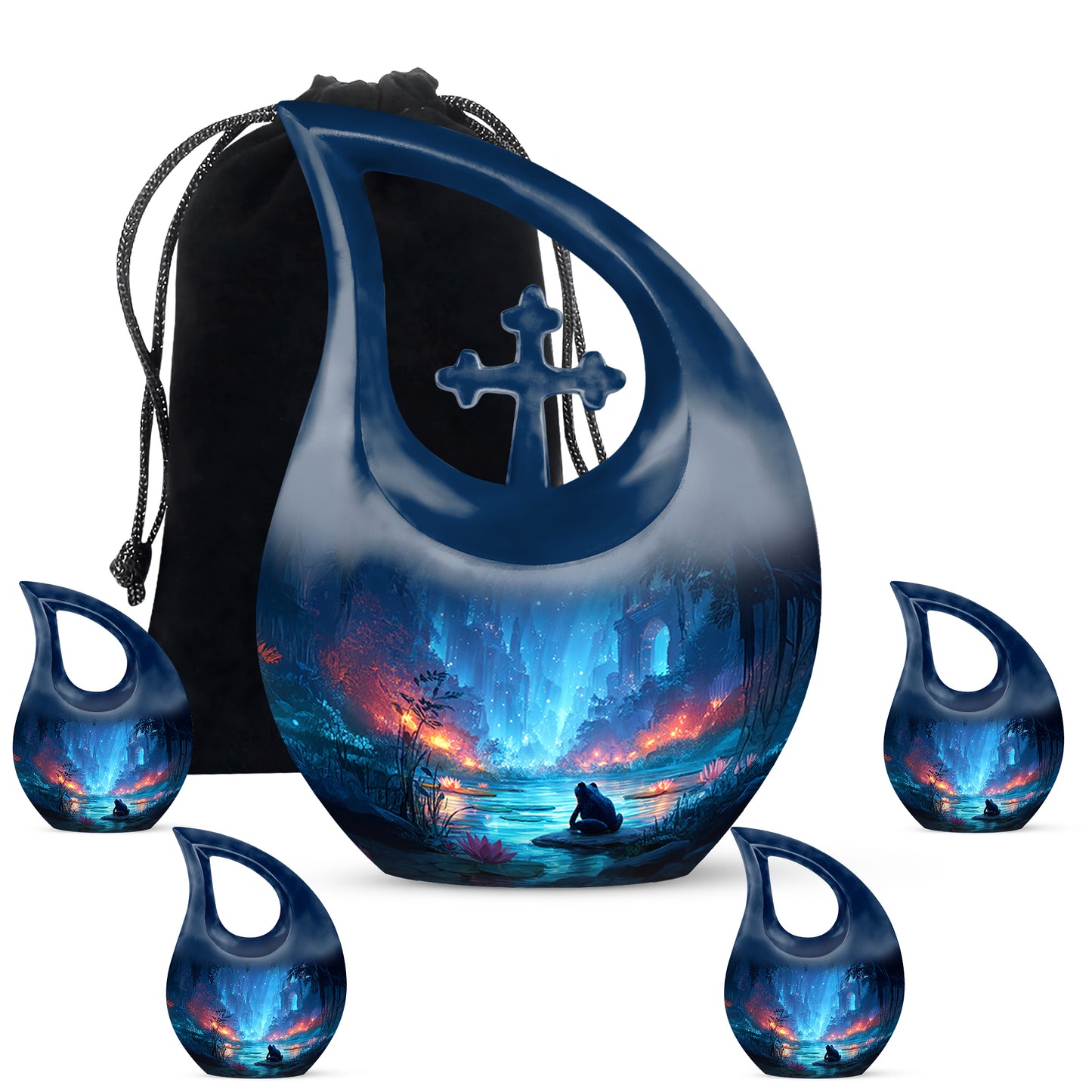 Azure Frog Cremation Urn urn with complimentary velvet bag - sacred cross merged with frog motif on metal - memorial set with one large and four small urns
