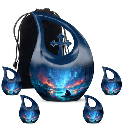 Azure Frog Cremation Urn urn with complimentary velvet bag - sacred cross merged with frog motif on metal - memorial set with one large and four small urns