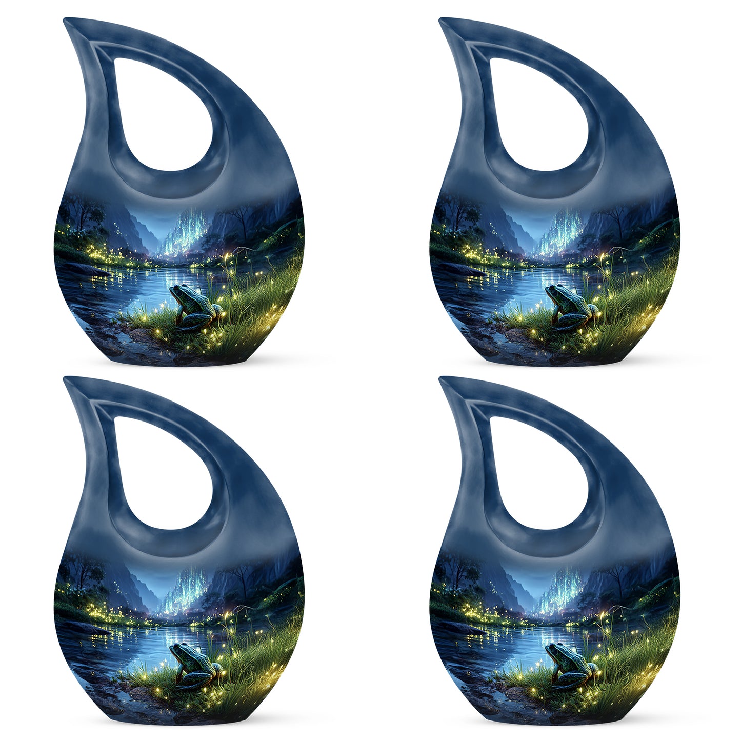 Celestial Blue Frog Cremation Urn lifestyle display on memorial shelf - cross and frog combined in spiritual memorial design - 10 inch aluminum urn for cremated remains
