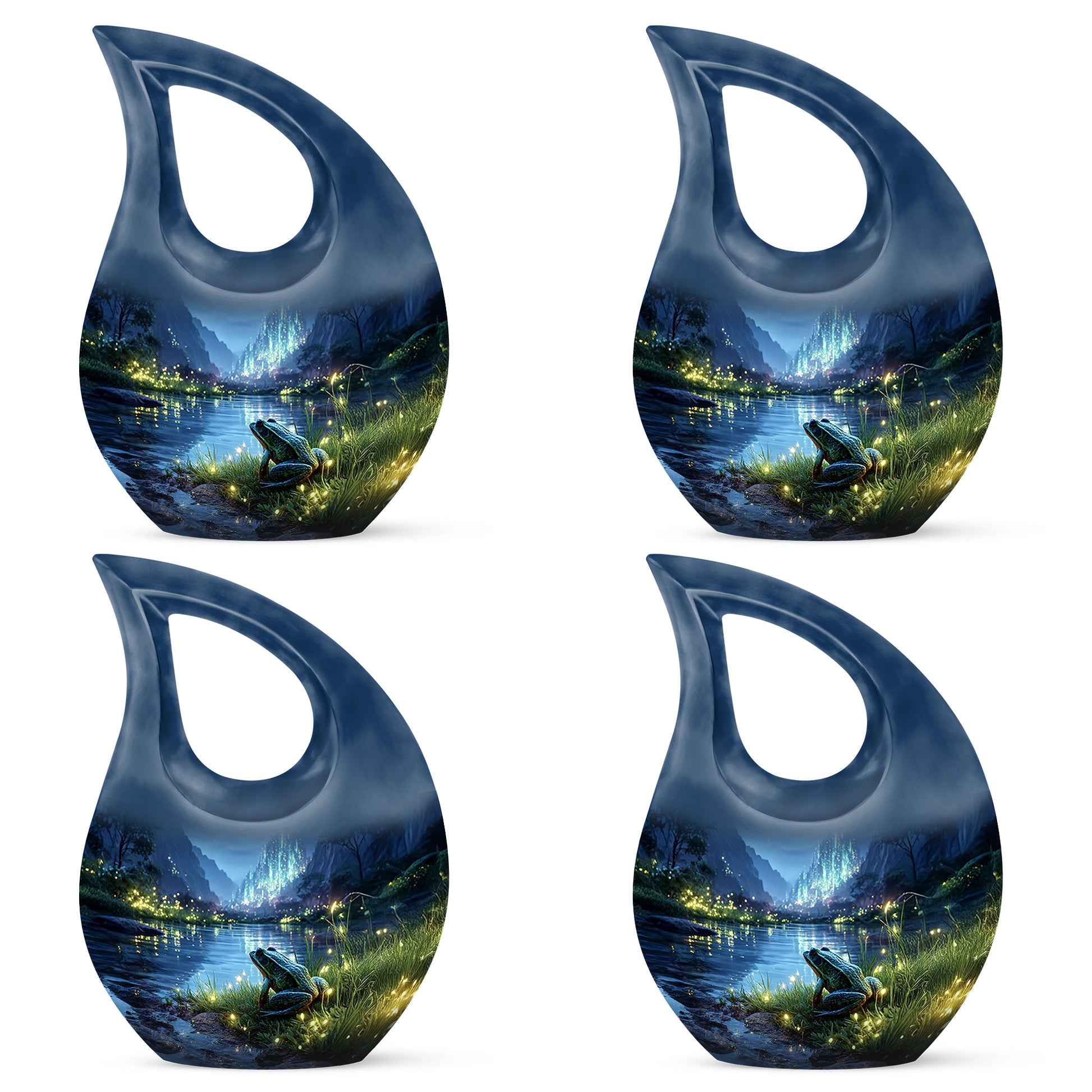 Celestial Blue Frog Cremation Urn lifestyle display on memorial shelf - cross and frog combined in spiritual memorial design - 10 inch aluminum urn for cremated remains