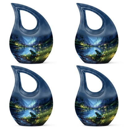 Celestial Blue Frog Cremation Urn lifestyle display on memorial shelf - cross and frog combined in spiritual memorial design - 10 inch aluminum urn for cremated remains