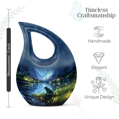 Bright Blue Frog Cremation Urn back view with polished surface - faith-inspired cross-drop urn with frog pattern - mini keepsake memorial for portion of cremation ashes
