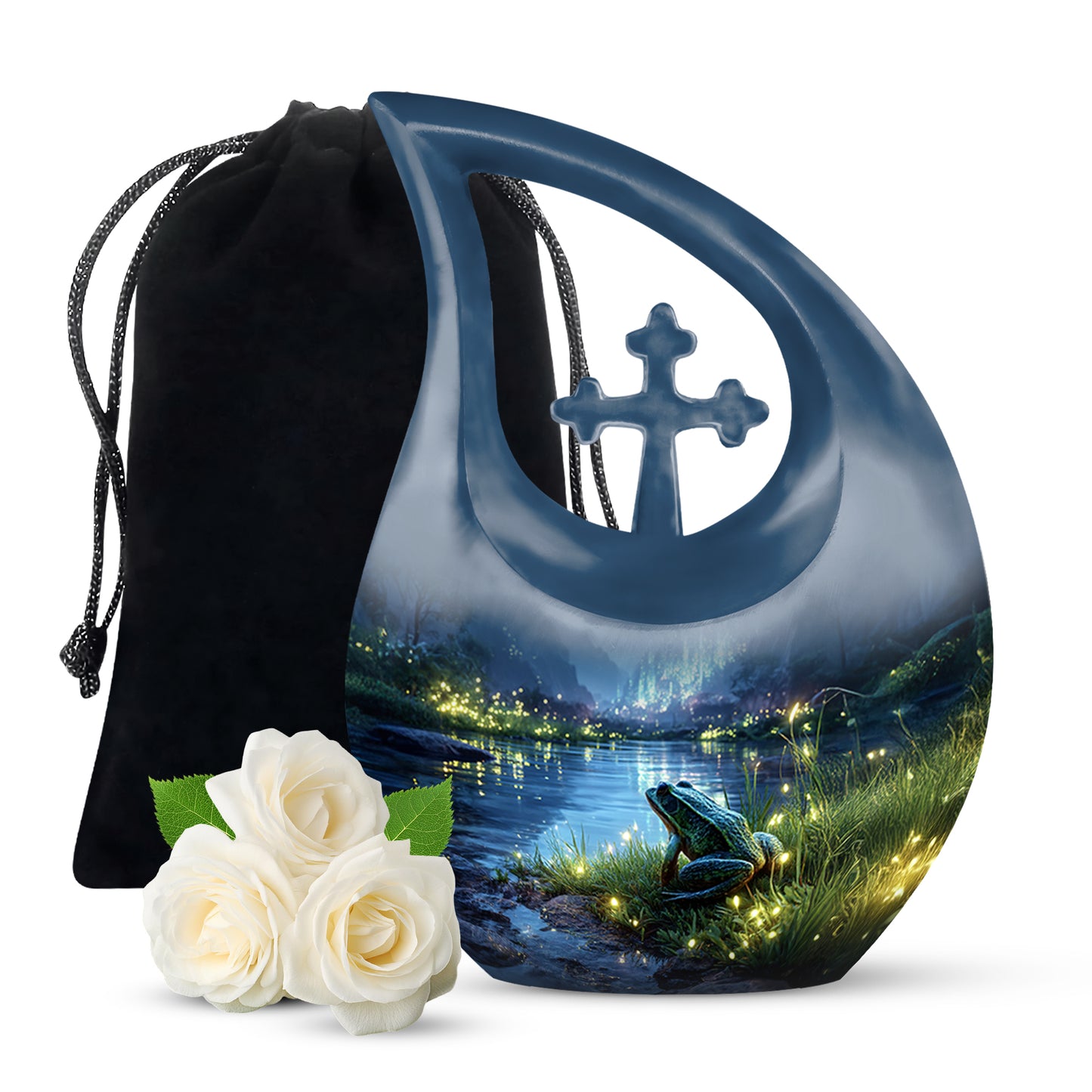 Steel Blue Frog Cremation Urn top-down view of secure threaded lid - faith-inspired cross-drop urn with frog pattern - full-size 10 inch 200 cubic inch adult cremation urn