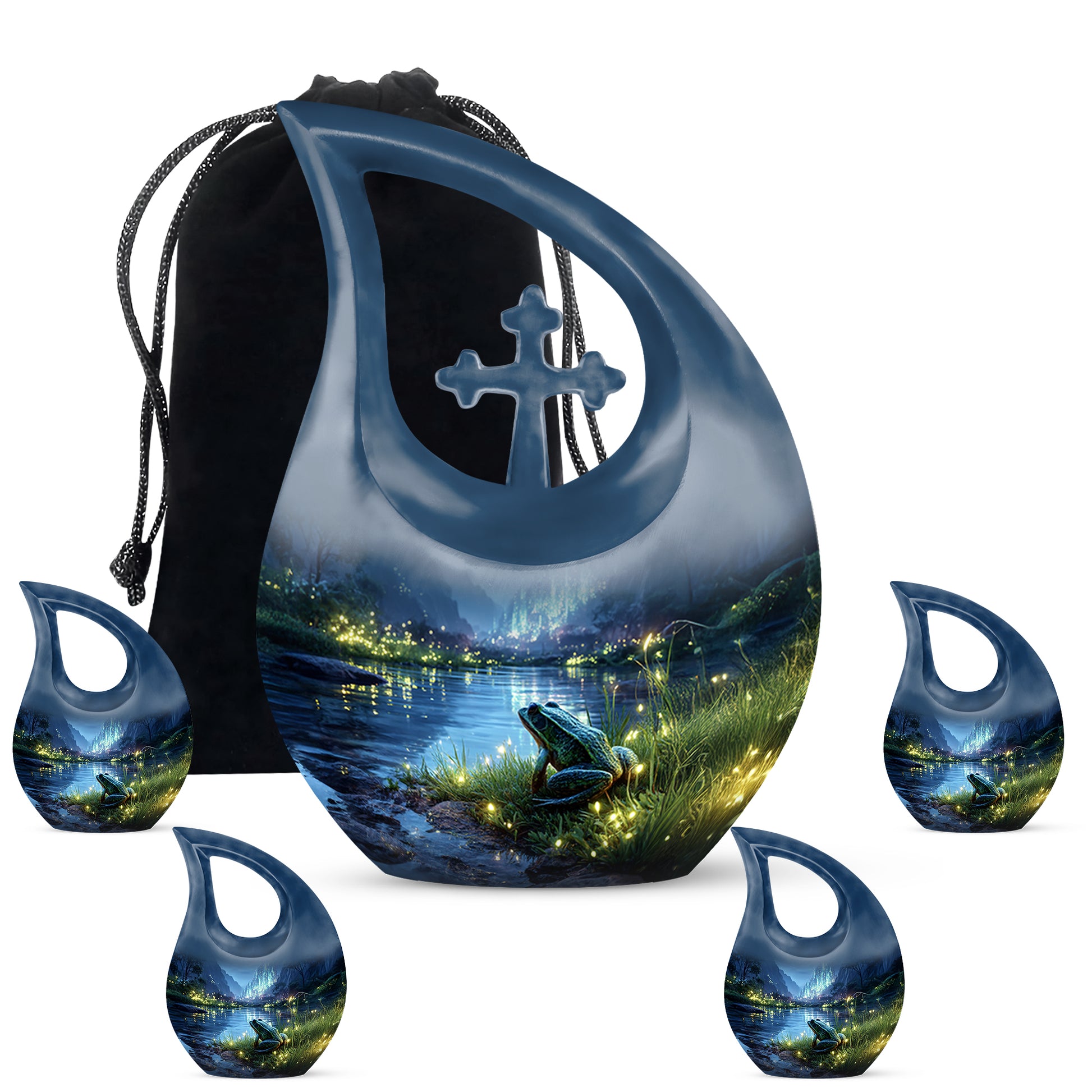 Azure Frog Cremation Urn urn with complimentary velvet bag - sacred cross merged with frog motif on metal - memorial set with one large and four small urns