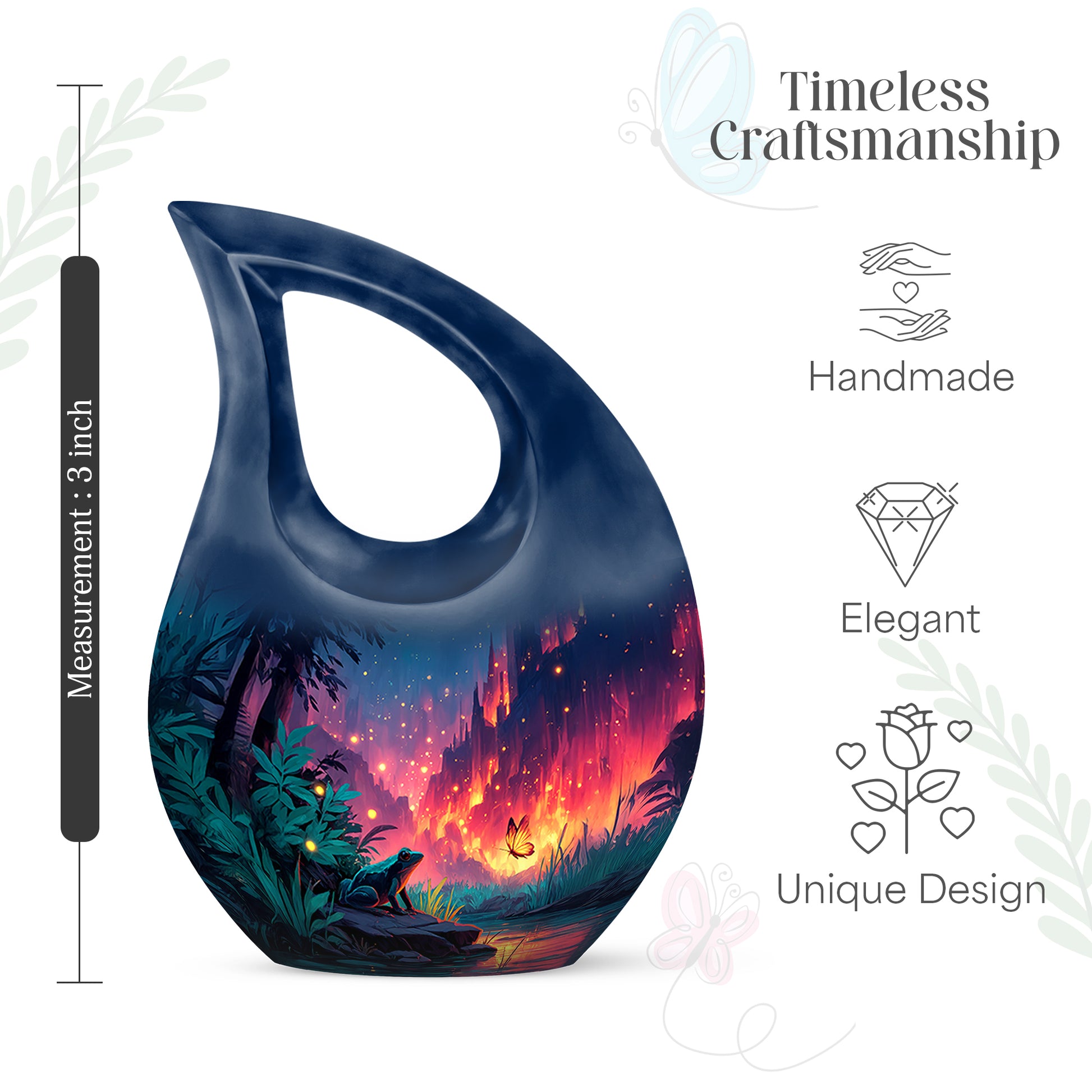 Indigo Frog Cremation Urn back view with polished surface - sacred cross merged with frog motif on metal - mini keepsake memorial for portion of cremation ashes