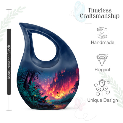 Indigo Frog Cremation Urn back view with polished surface - sacred cross merged with frog motif on metal - mini keepsake memorial for portion of cremation ashes