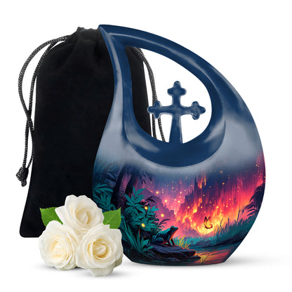 Misty Blue Frog Cremation Urn top-down view of secure threaded lid - cross and frog combined in spiritual memorial design - full-size 10 inch 200 cubic inch adult cremation urn