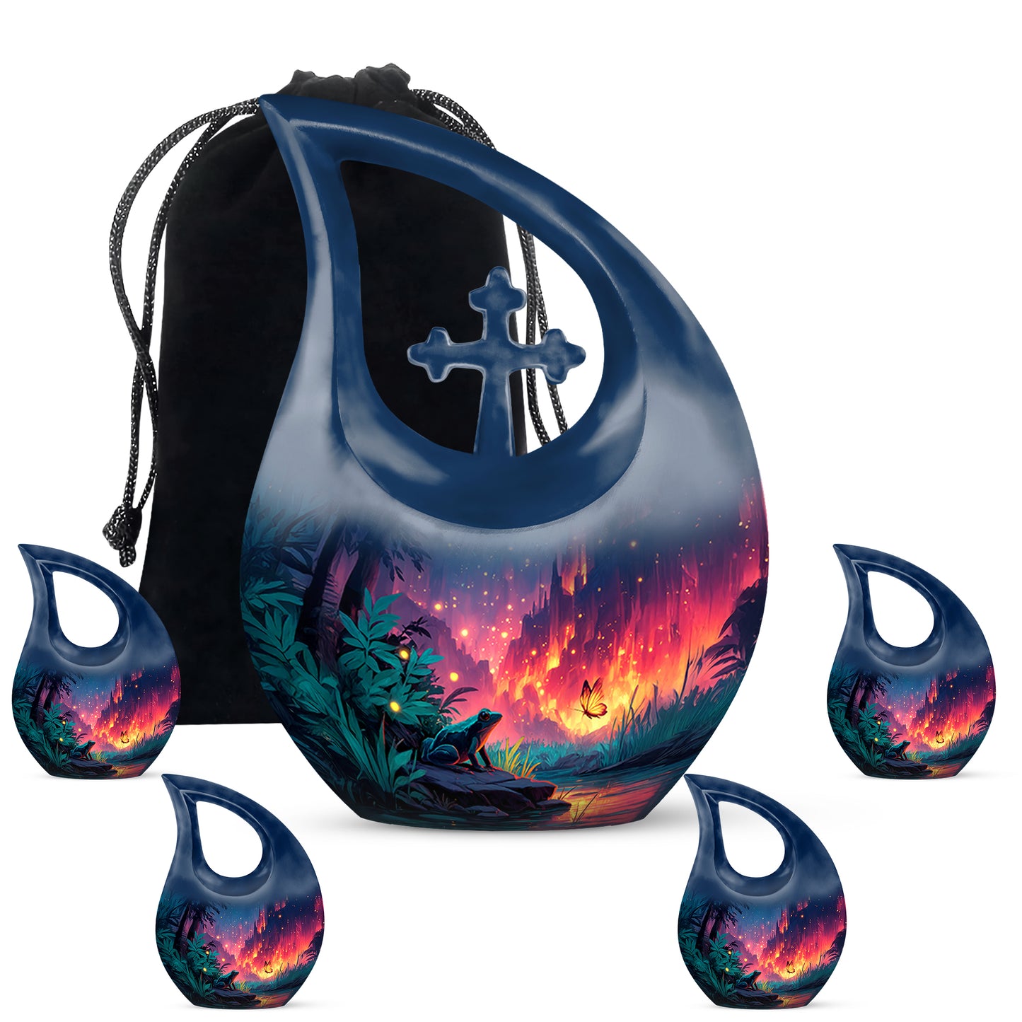 Indigo Frog Cremation Urn urn with complimentary velvet bag - sacred cross merged with frog motif on metal - memorial set with one large and four small urns