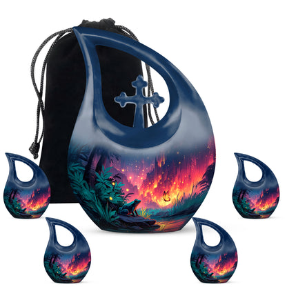 Indigo Frog Cremation Urn urn with complimentary velvet bag - sacred cross merged with frog motif on metal - memorial set with one large and four small urns
