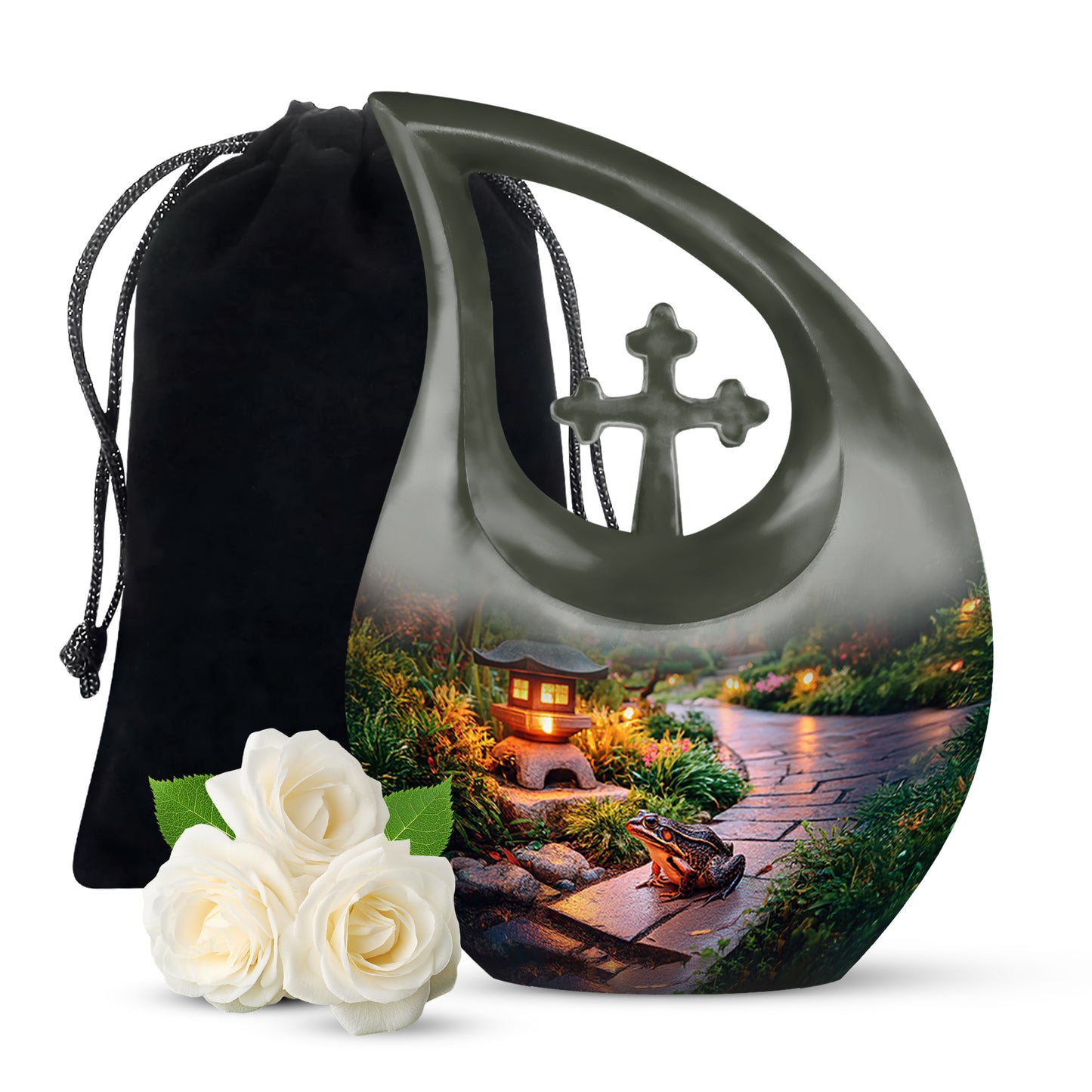 Honey Yellow Frog Cremation Urn top-down view of secure threaded lid - devotional cross-drop frog engraving - full-size 10 inch 200 cubic inch adult cremation urn