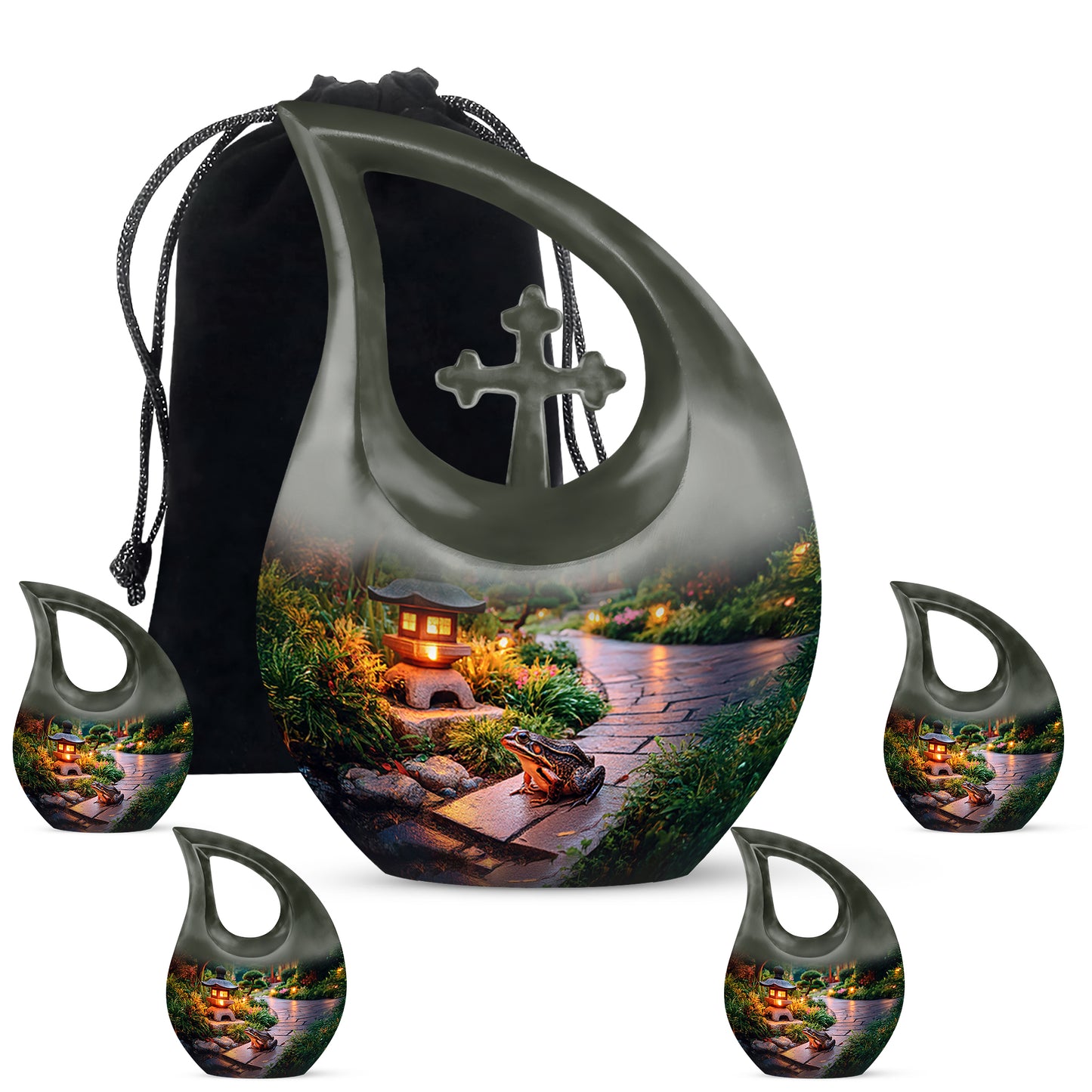 Amber Yellow Frog Cremation Urn urn with complimentary velvet bag - sacred cross merged with frog motif on metal - memorial set with one large and four small urns