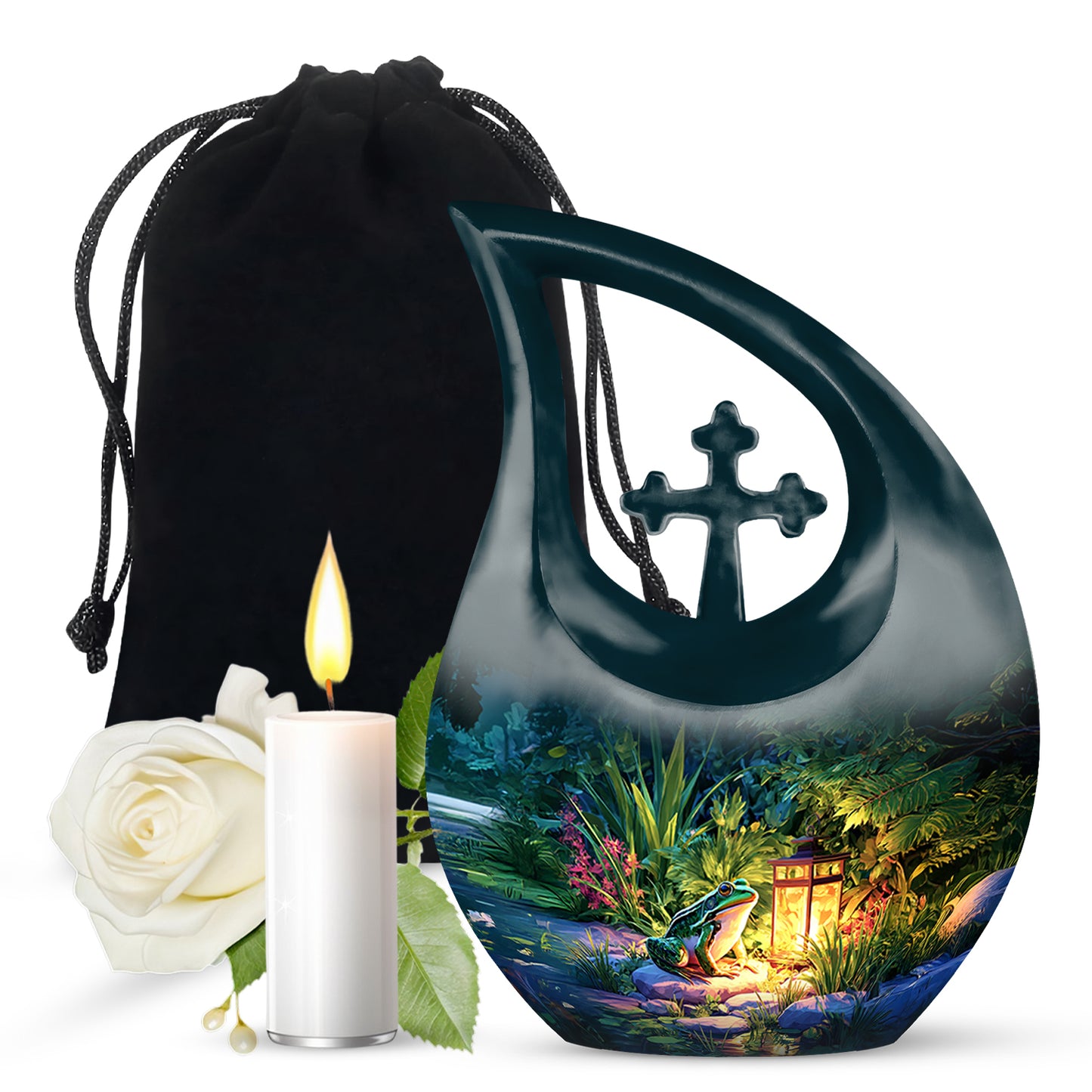 Misty Blue Frog Cremation Urn top-down view of secure threaded lid - cross and frog combined in spiritual memorial design - full-size 10 inch 200 cubic inch adult cremation urn