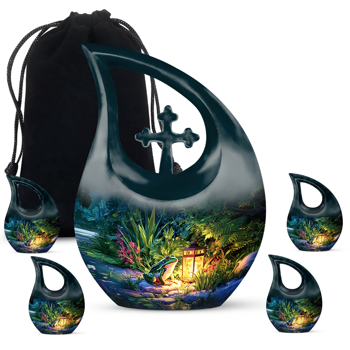 Dusty Blue Frog Cremation Urn urn with complimentary velvet bag - sacred cross merged with frog motif on metal - memorial set with one large and four small urns