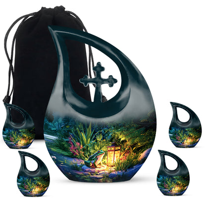 Dusty Blue Frog Cremation Urn urn with complimentary velvet bag - sacred cross merged with frog motif on metal - memorial set with one large and four small urns