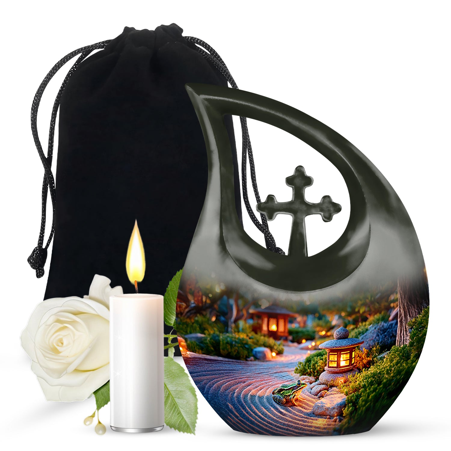 Gilded Gold Frog Cremation Urn top-down view of secure threaded lid - sacred cross merged with frog motif on metal - full-size 10 inch 200 cubic inch adult cremation urn