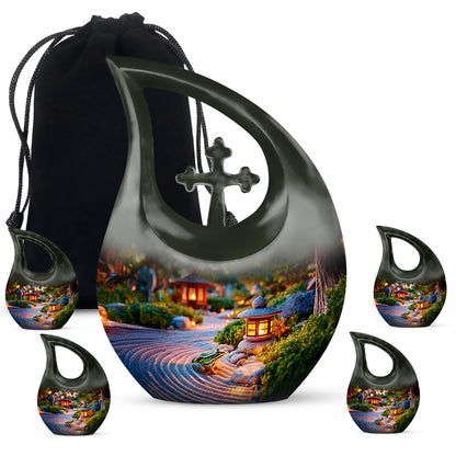 Burnished Gold Frog Cremation Urn urn with complimentary velvet bag - faith-inspired cross-drop urn with frog pattern - memorial set with one large and four small urns