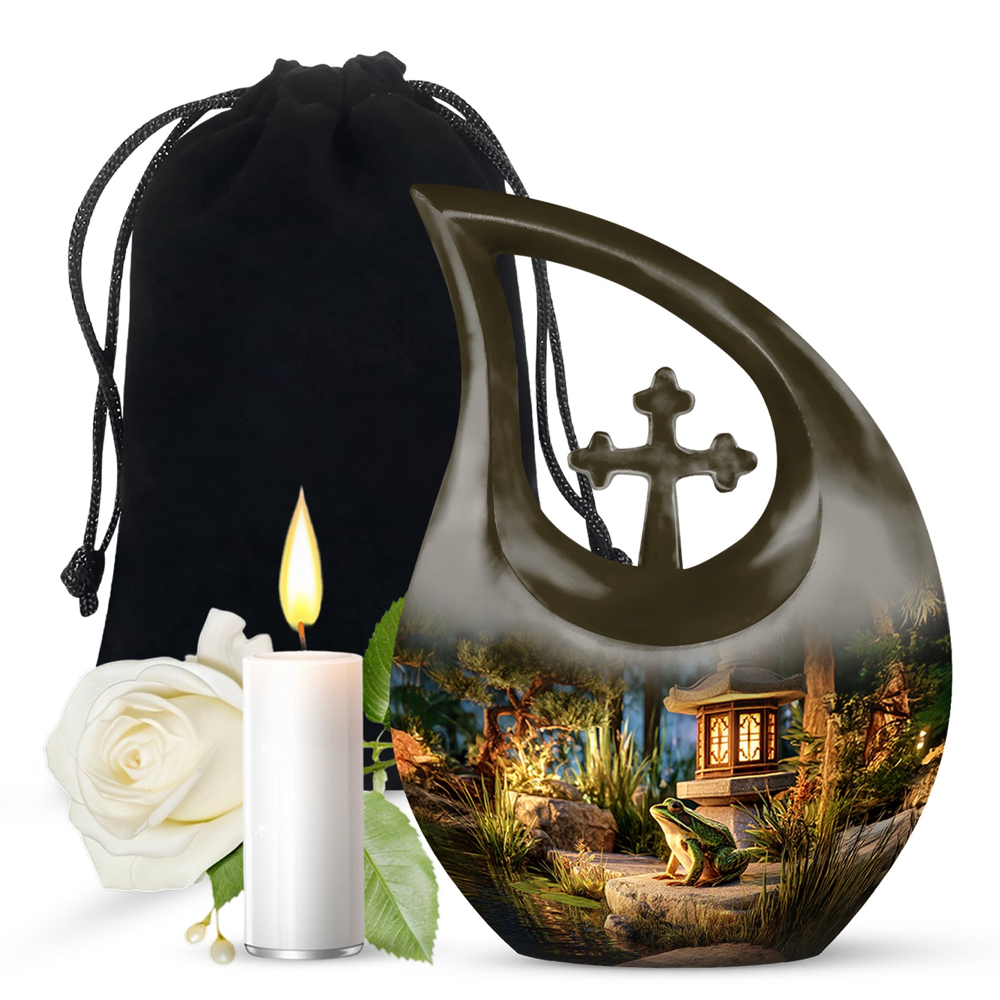 Gilded Gold Frog Cremation Urn top-down view of secure threaded lid - cross and frog combined in spiritual memorial design - full-size 10 inch 200 cubic inch adult cremation urn