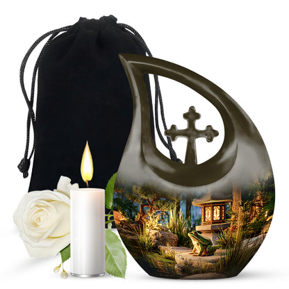 Gilded Gold Frog Cremation Urn top-down view of secure threaded lid - cross and frog combined in spiritual memorial design - full-size 10 inch 200 cubic inch adult cremation urn