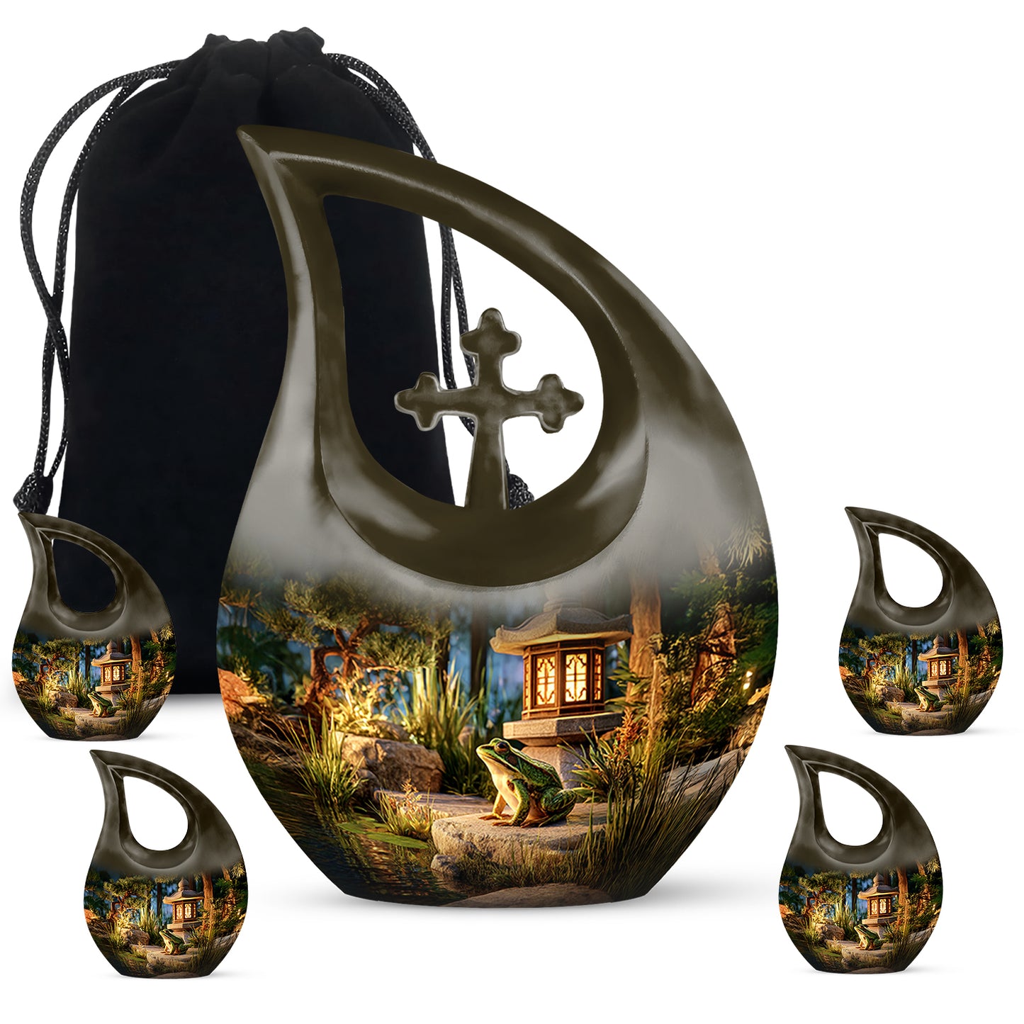 Gilded Gold Frog Cremation Urn urn with complimentary velvet bag - cross and frog combined in spiritual memorial design - memorial set with one large and four small urns