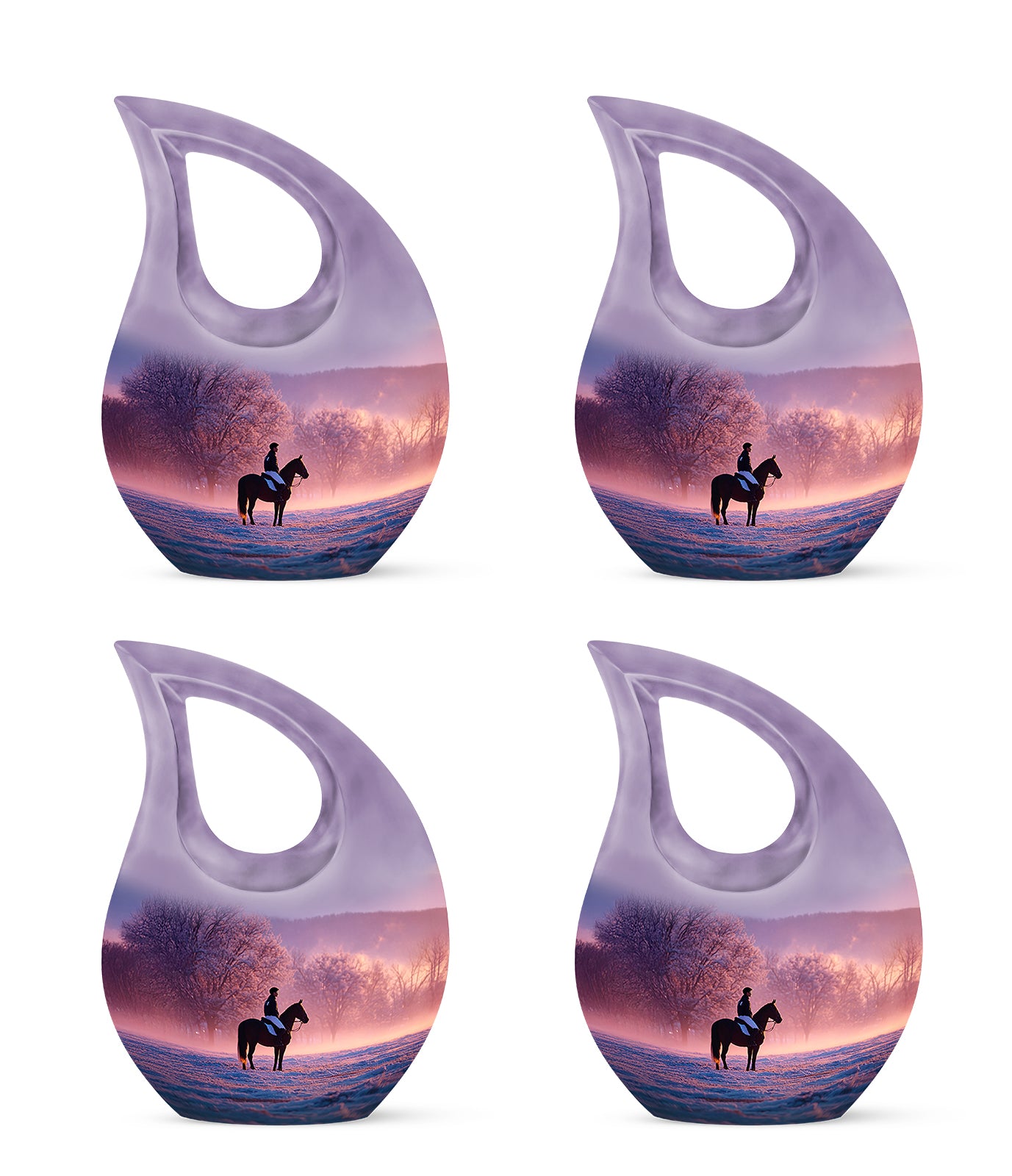 Twilight Purple Horse Polo Cremation Urn lifestyle display on memorial shelf - faith-inspired cross-drop urn with horse polo pattern - 10 inch aluminum urn for cremated remains