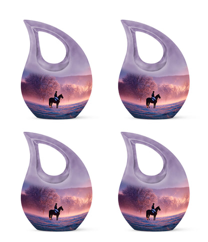 Twilight Purple Horse Polo Cremation Urn lifestyle display on memorial shelf - faith-inspired cross-drop urn with horse polo pattern - 10 inch aluminum urn for cremated remains