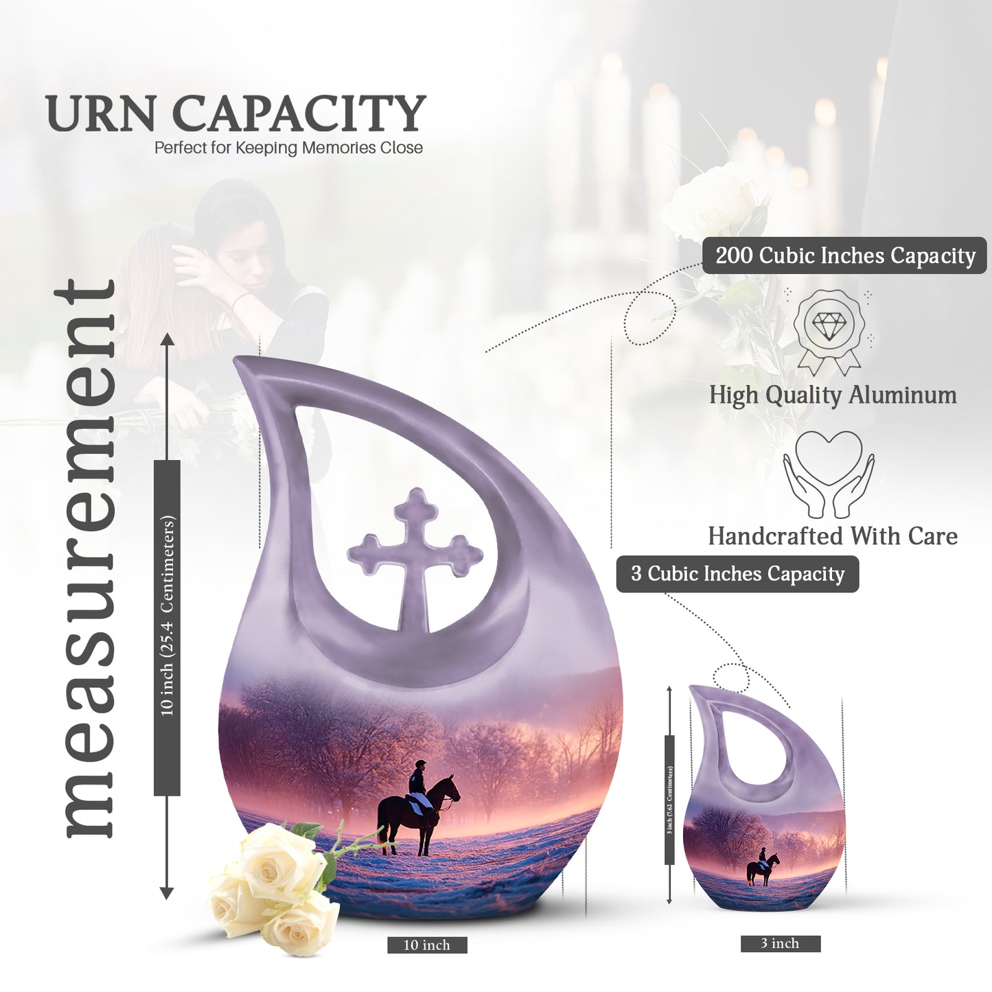 Violet Purple Horse Polo Cremation Urn back view with polished surface - devotional cross-drop horse polo engraving - mini keepsake memorial for portion of cremation ashes