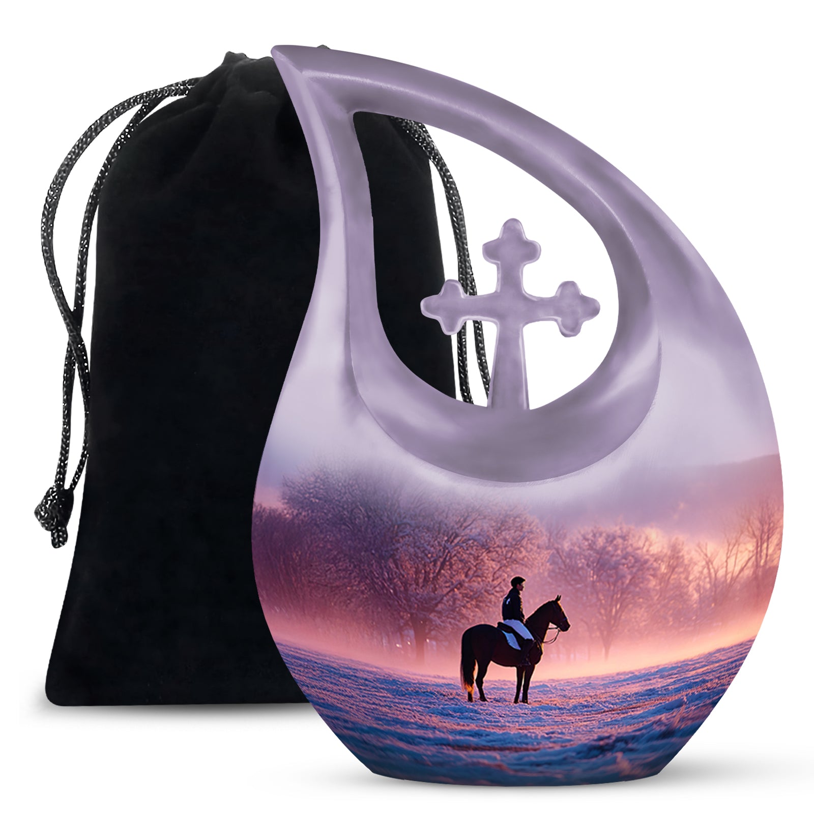Violet Purple Horse Polo Cremation Urn top-down view of secure threaded lid - devotional cross-drop horse polo engraving - full-size 10 inch 200 cubic inch adult cremation urn