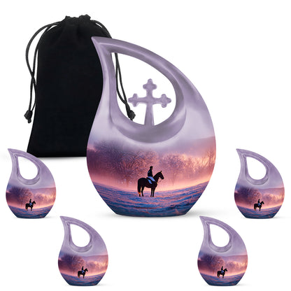 Deep Purple Horse Polo Cremation Urn urn with complimentary velvet bag - sacred cross merged with horse polo motif on metal - memorial set with one large and four small urns