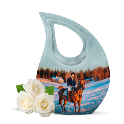 Personalized Silver Revered Horse Polo Cremation Urns for Human Ashes - 10-inch, 200 cu in - Yatskia