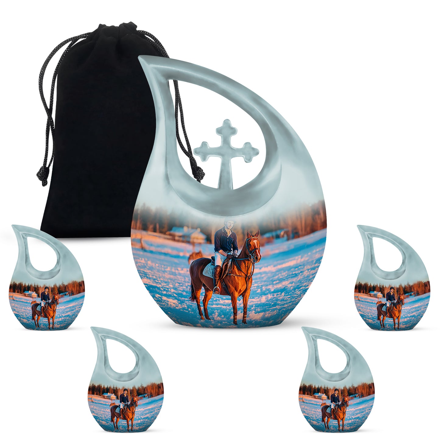 Sterling Silver Horse Polo Cremation Urn urn with complimentary velvet bag - cross and horse polo combined in spiritual memorial design - memorial set with one large and four small urns