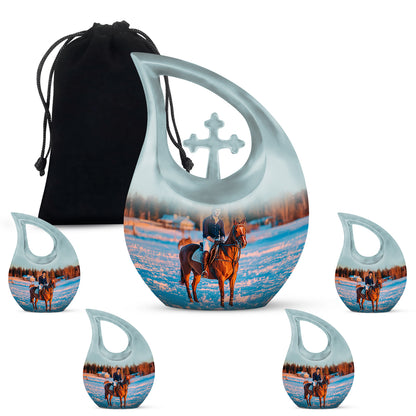 Sterling Silver Horse Polo Cremation Urn urn with complimentary velvet bag - cross and horse polo combined in spiritual memorial design - memorial set with one large and four small urns