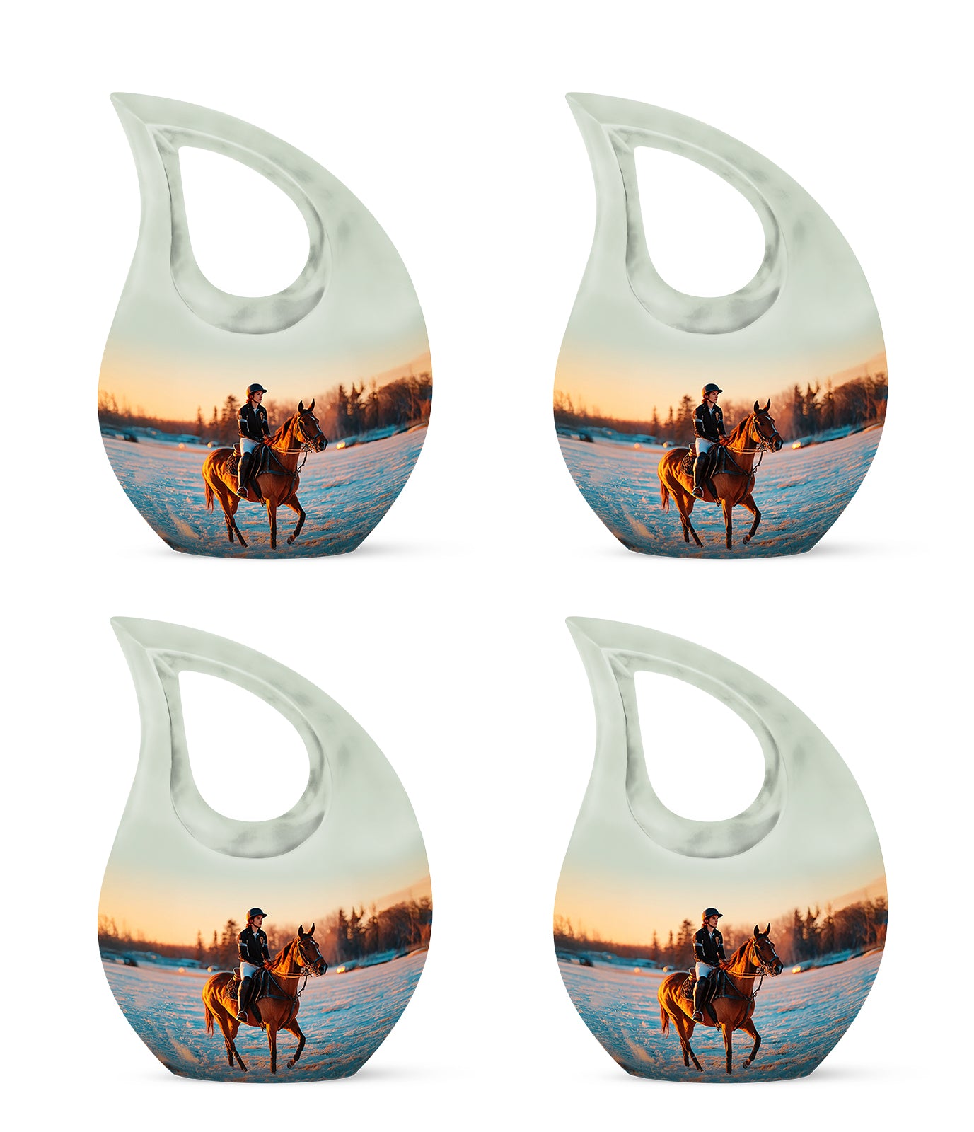 Polished Silver Horse Polo Cremation Urn lifestyle display on memorial shelf - faith-inspired cross-drop urn with horse polo pattern - 10 inch aluminum urn for cremated remains