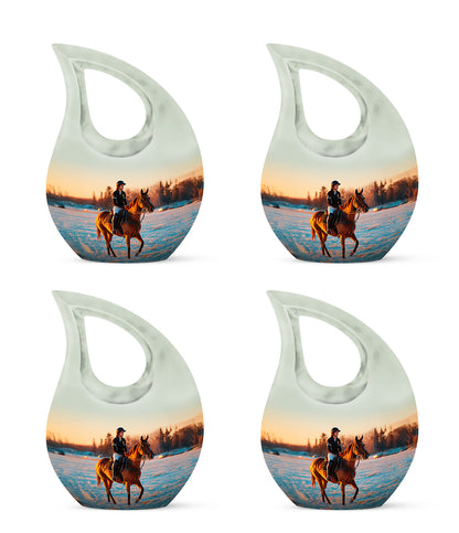 Polished Silver Horse Polo Cremation Urn lifestyle display on memorial shelf - faith-inspired cross-drop urn with horse polo pattern - 10 inch aluminum urn for cremated remains
