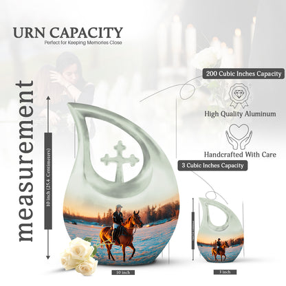 Chrome Silver Horse Polo Cremation Urn back view with polished surface - faith-inspired cross-drop urn with horse polo pattern - mini keepsake memorial for portion of cremation ashes