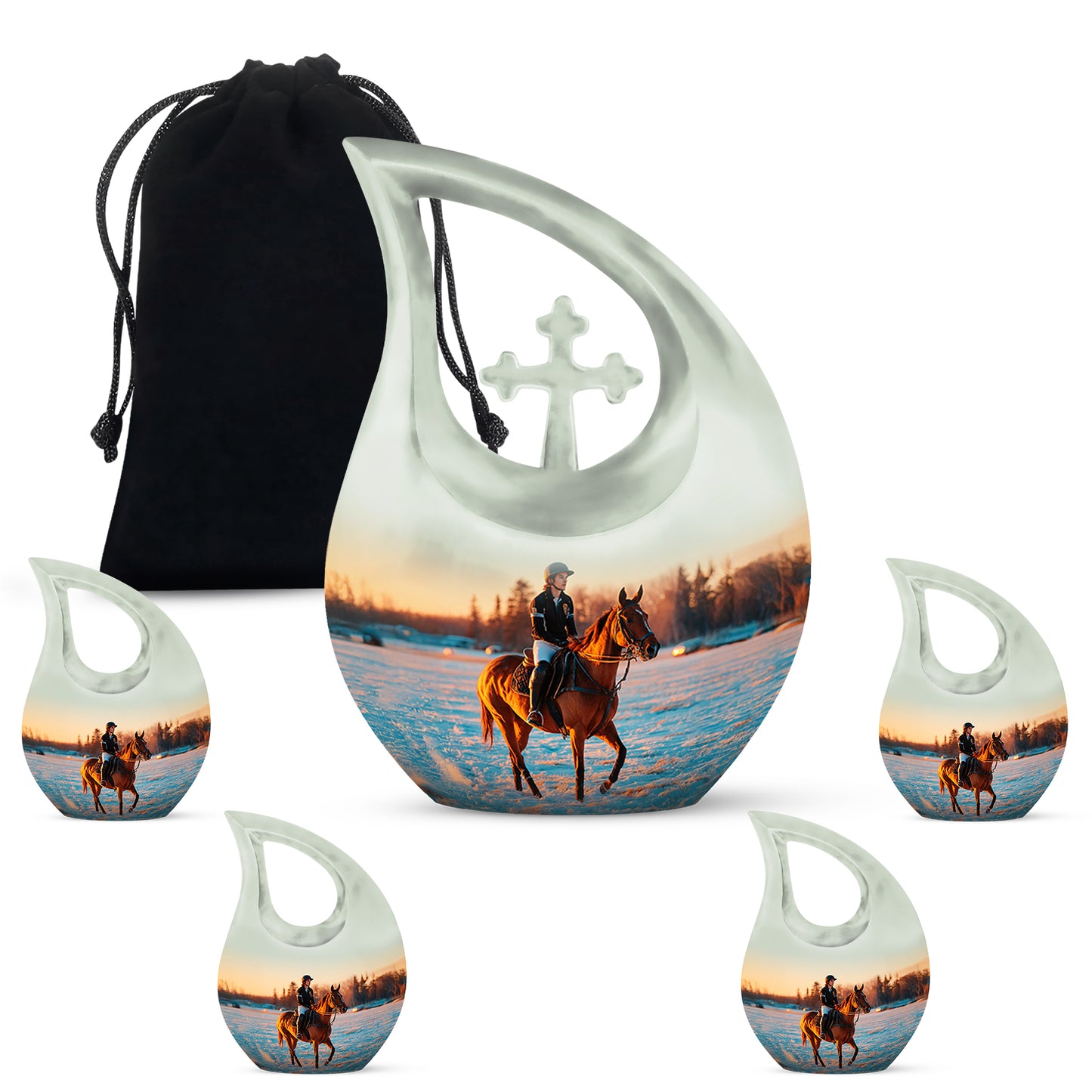 Polished Silver Horse Polo Cremation Urn urn with complimentary velvet bag - faith-inspired cross-drop urn with horse polo pattern - memorial set with one large and four small urns