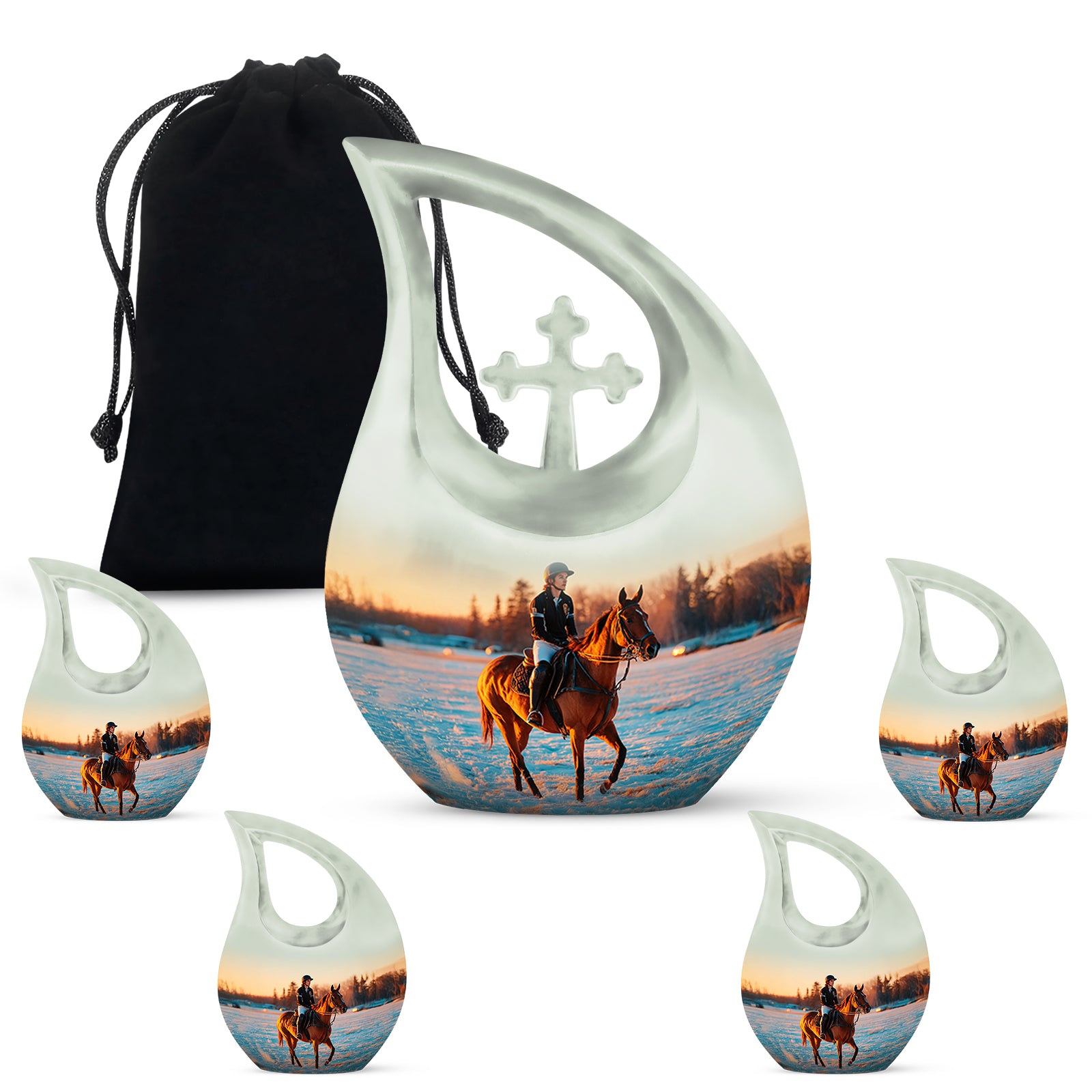 Polished Silver Horse Polo Cremation Urn urn with complimentary velvet bag - faith-inspired cross-drop urn with horse polo pattern - memorial set with one large and four small urns