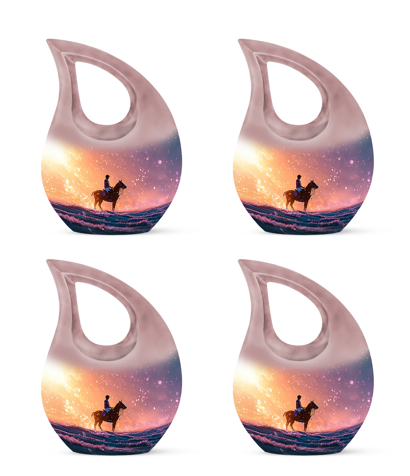 Crimson Red Horse Polo Cremation Urn lifestyle display on memorial shelf - sacred cross merged with horse polo motif on metal - 10 inch aluminum urn for cremated remains